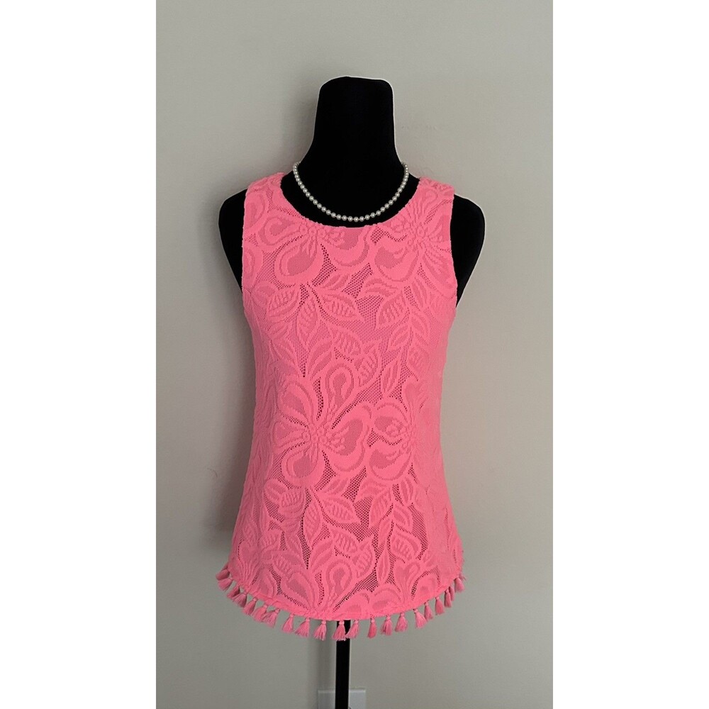 Lilly Pulitzer Maybelle Top SZ XXS Pink Floral Lace Tassel Fringe Sleeveless EUC - Picture 2 of 16